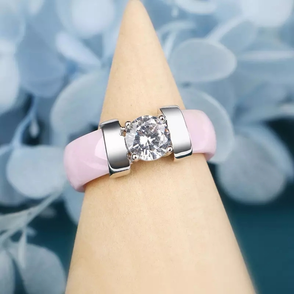 NEW Pink Ceramic Diamond Engagement Ring - Picture 12 of 16